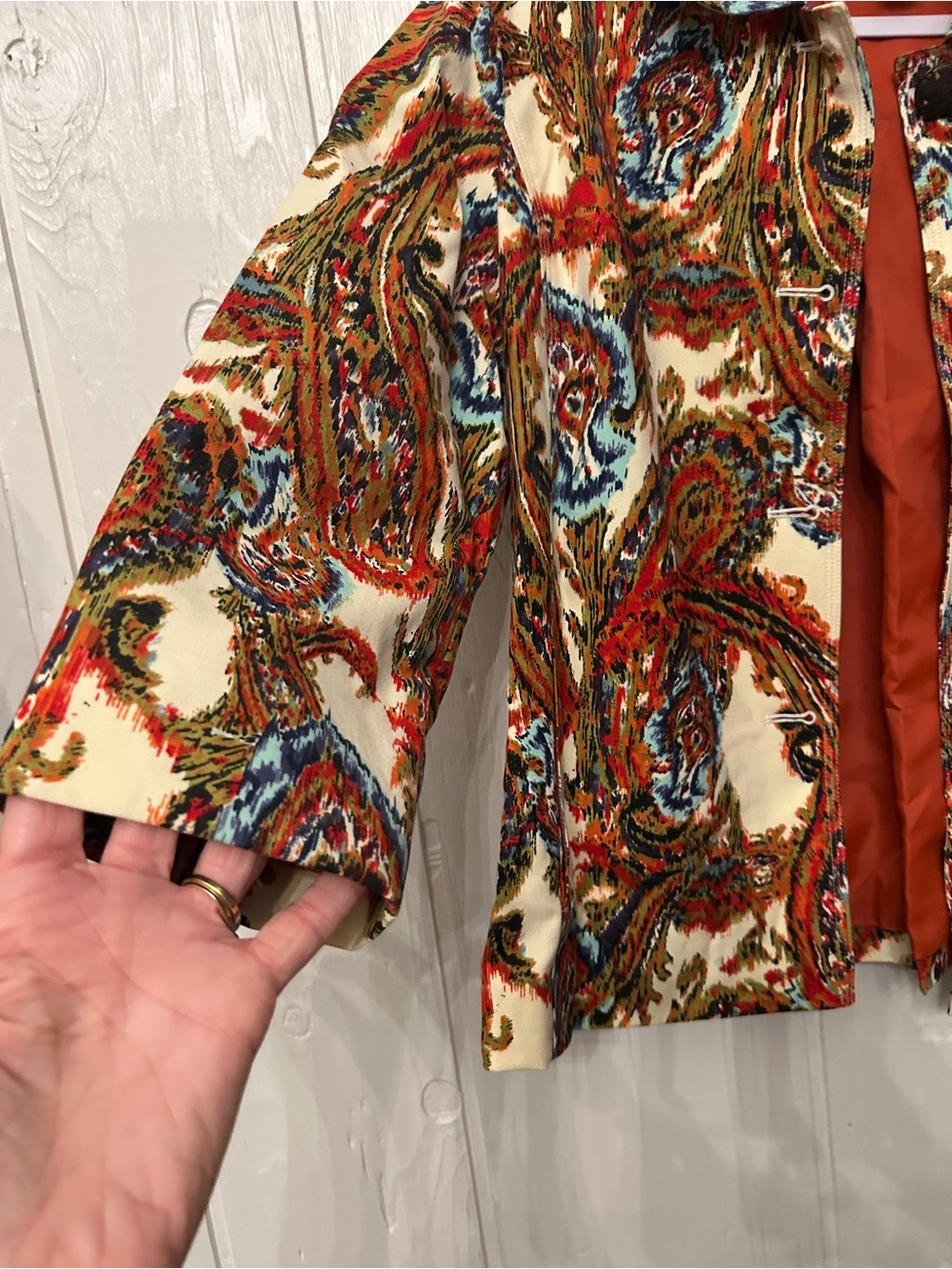 Chico's Women’s Multicolor Paisley Jacket - Orange Lined 3/4 sleeve Chico size 2 - Picture 3 of 7